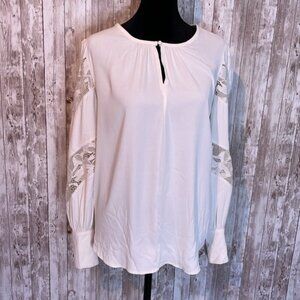 Ann Taylor Cream Blouse with Lace Cutouts size Medium